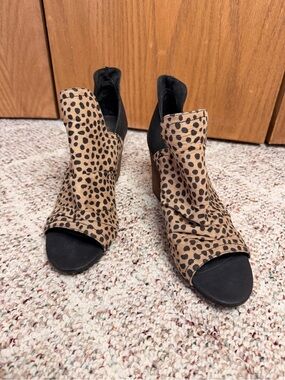 Madeline Leopard-Print Open-Toe Booties in Tan and Black